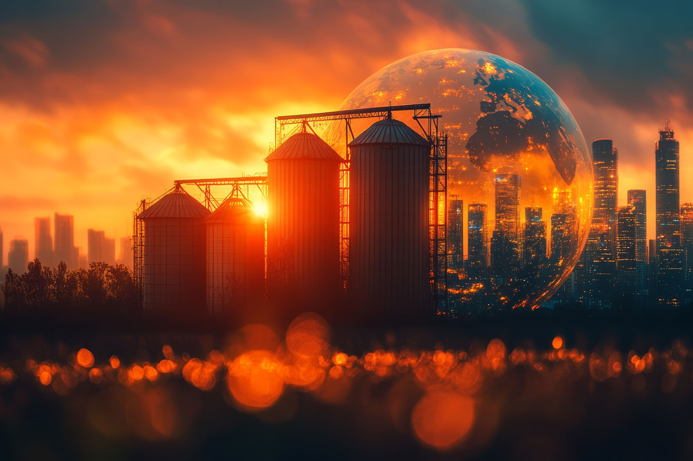 grain silos with globe and city in background